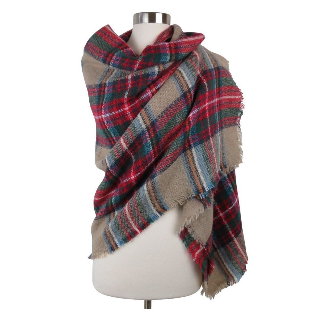 MODCLOTH Tan Red Loch and Key Tartan Plaid Square Cozy Fringe Blanket Scarf